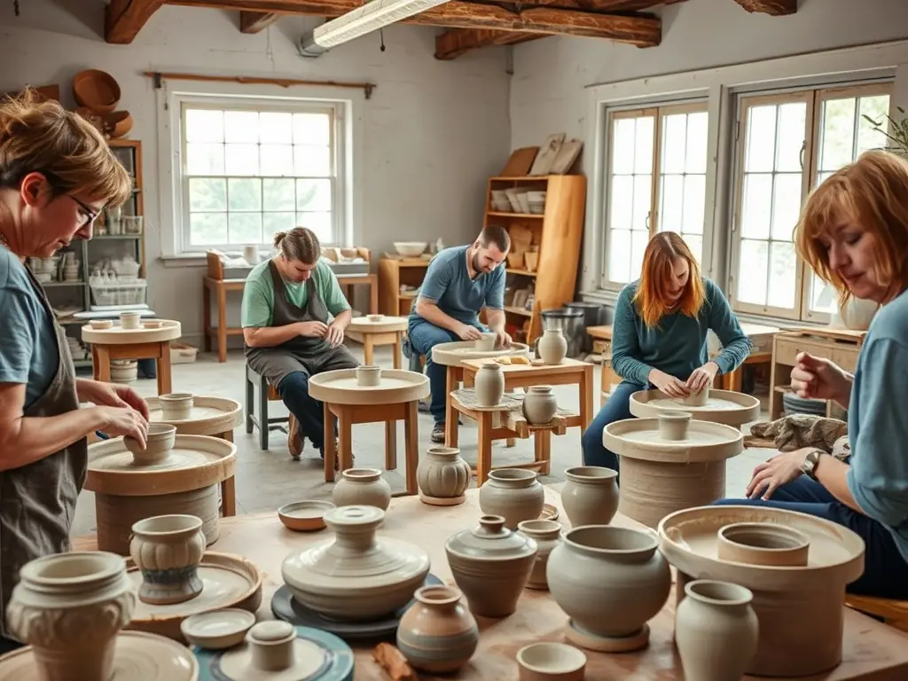 A vibrant image of participants engaged in a pottery class, showcasing the creation of unique ceramic pieces, with clay-covered hands and smiling faces.