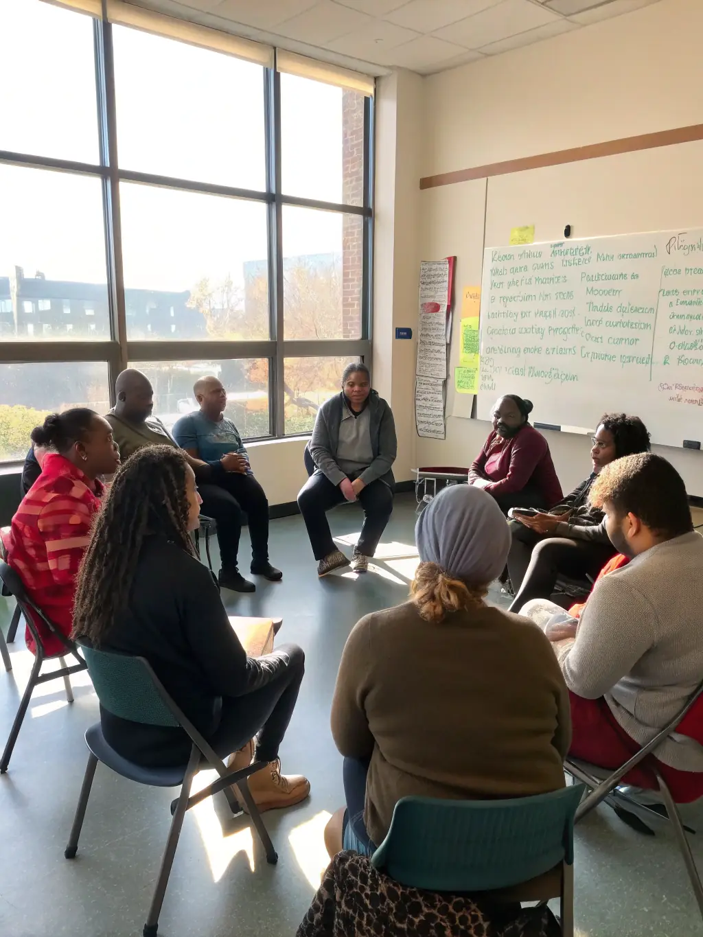 A photograph capturing a community dialogue event, with diverse community members engaged in a thoughtful discussion on local issues. The setting is inclusive and respectful, promoting open communication and understanding.