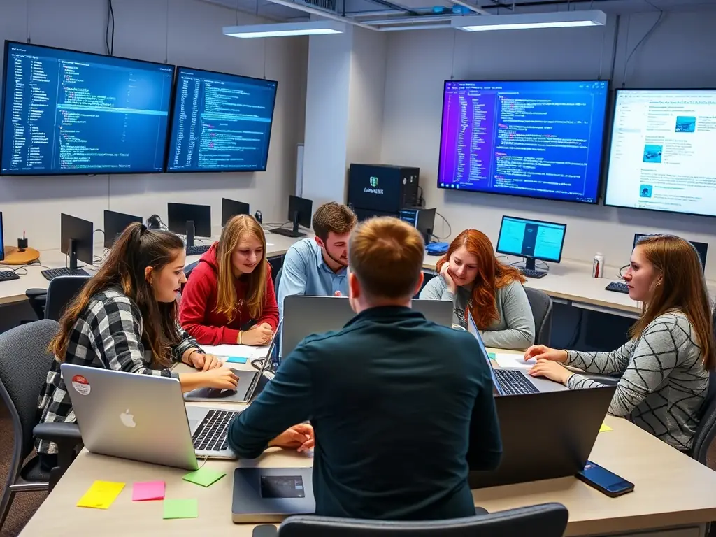 A group of young adults participating in a coding workshop, focused on learning new programming skills, set in a modern, collaborative workspace with computers and interactive displays.