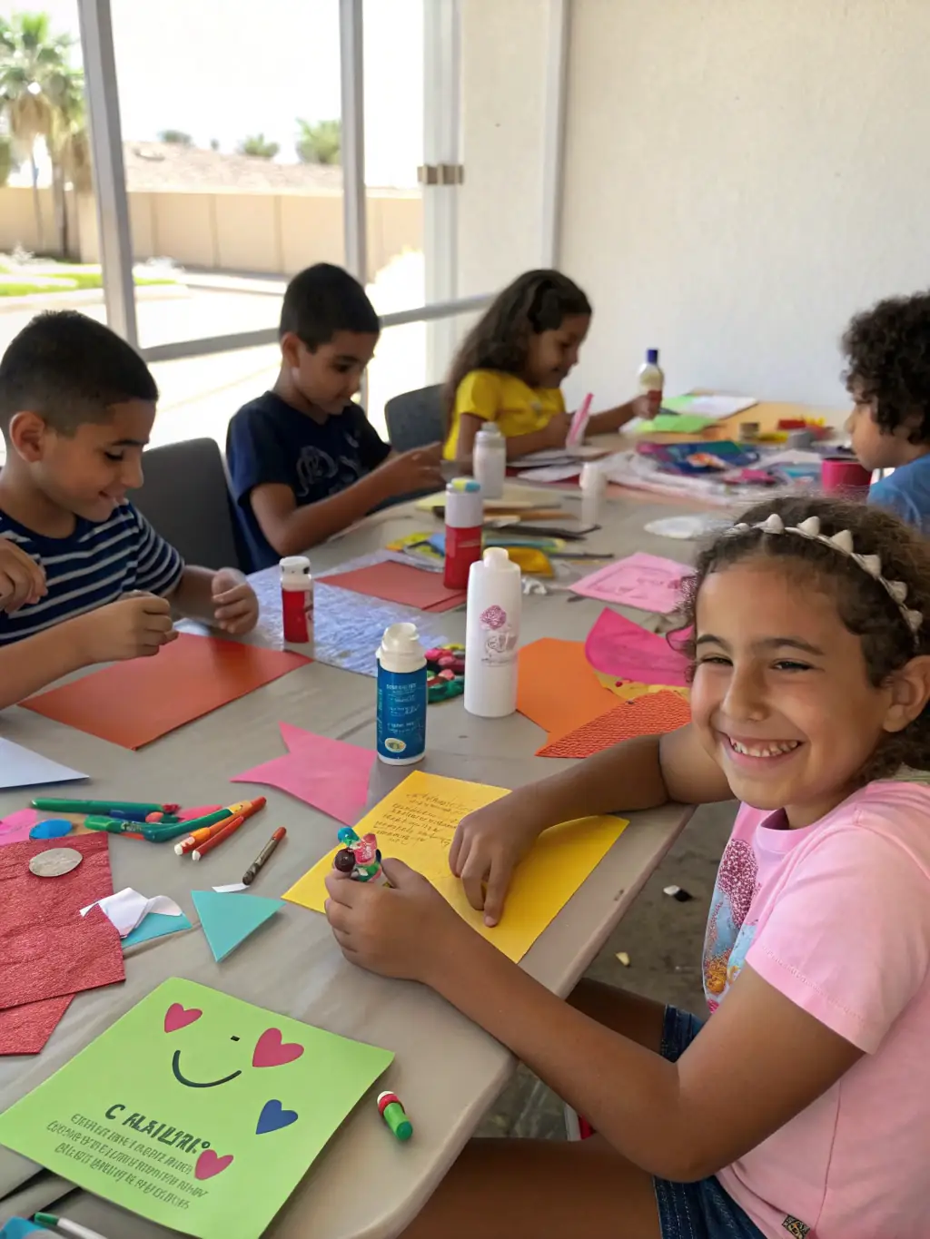 A photo showing children participating in an arts and crafts session, creating colorful artwork with various materials. The atmosphere is joyful and creative, with children smiling and expressing their imagination.
