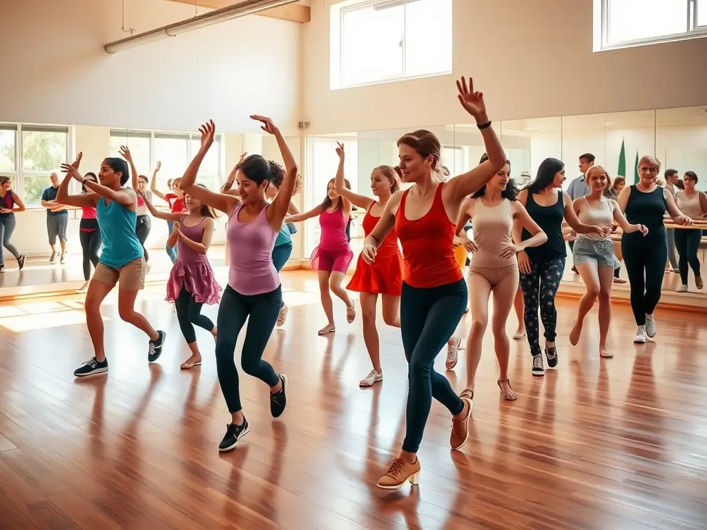 A dynamic photo of a dance class in session, featuring diverse participants learning various dance styles, with energetic movements and expressive gestures.