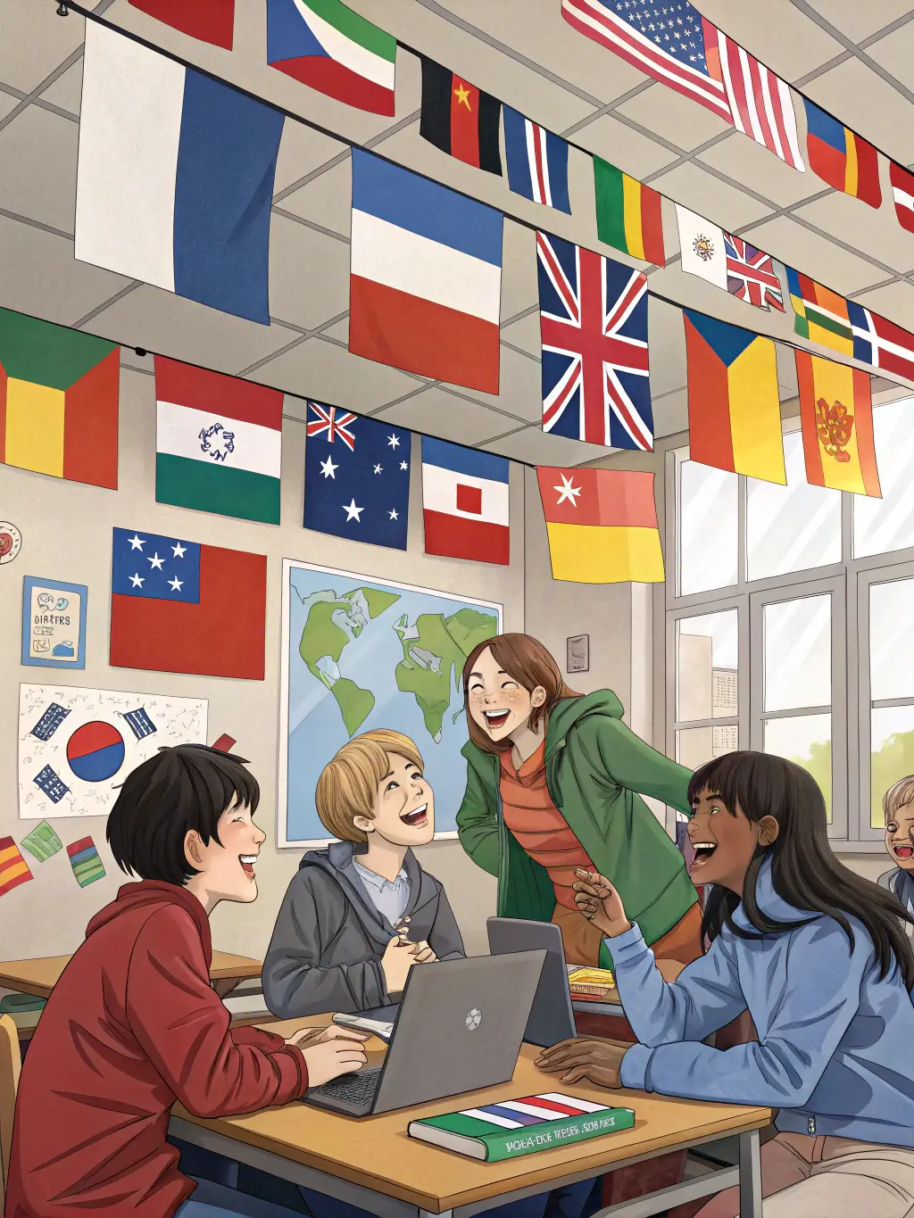 An image depicting participants in a language exchange program, interacting with each other in a relaxed and informal setting. The background features flags from different countries, symbolizing cultural diversity and exchange.
